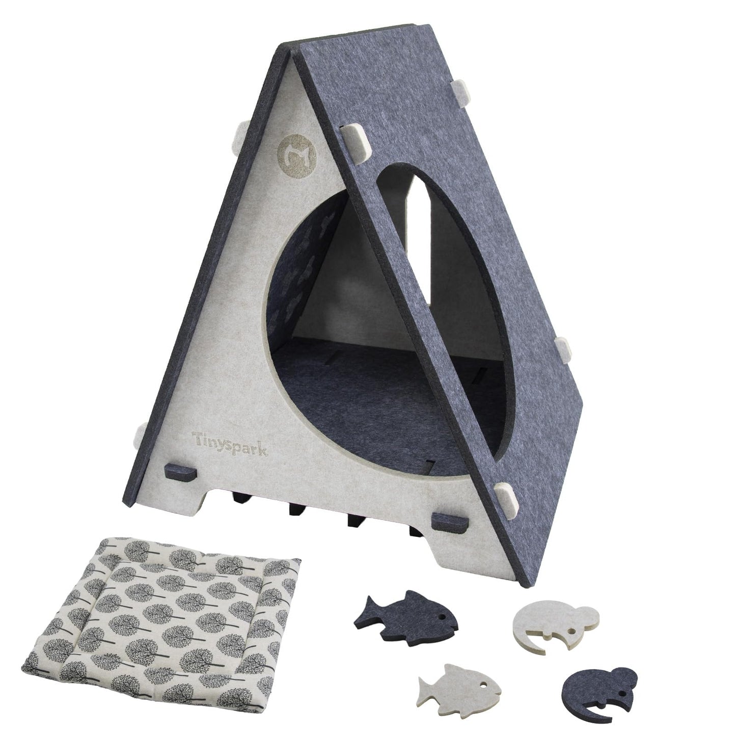 TINY SPARK Enclosed Cat Bed Hideaway with Removable Pad, Gray & Beige NEW