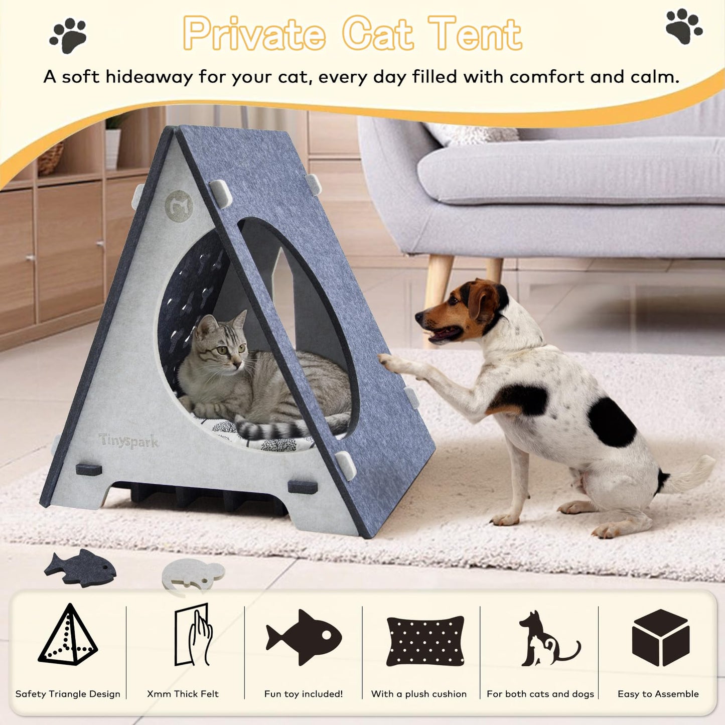 TINY SPARK Enclosed Cat Bed Hideaway with Removable Pad, Gray & Beige NEW