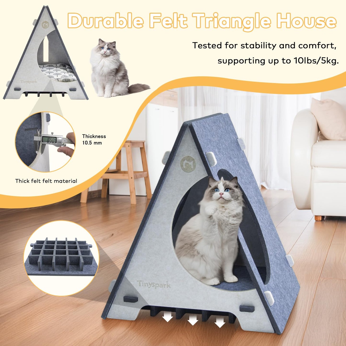 TINY SPARK Enclosed Cat Bed Hideaway with Removable Pad, Gray & Beige NEW