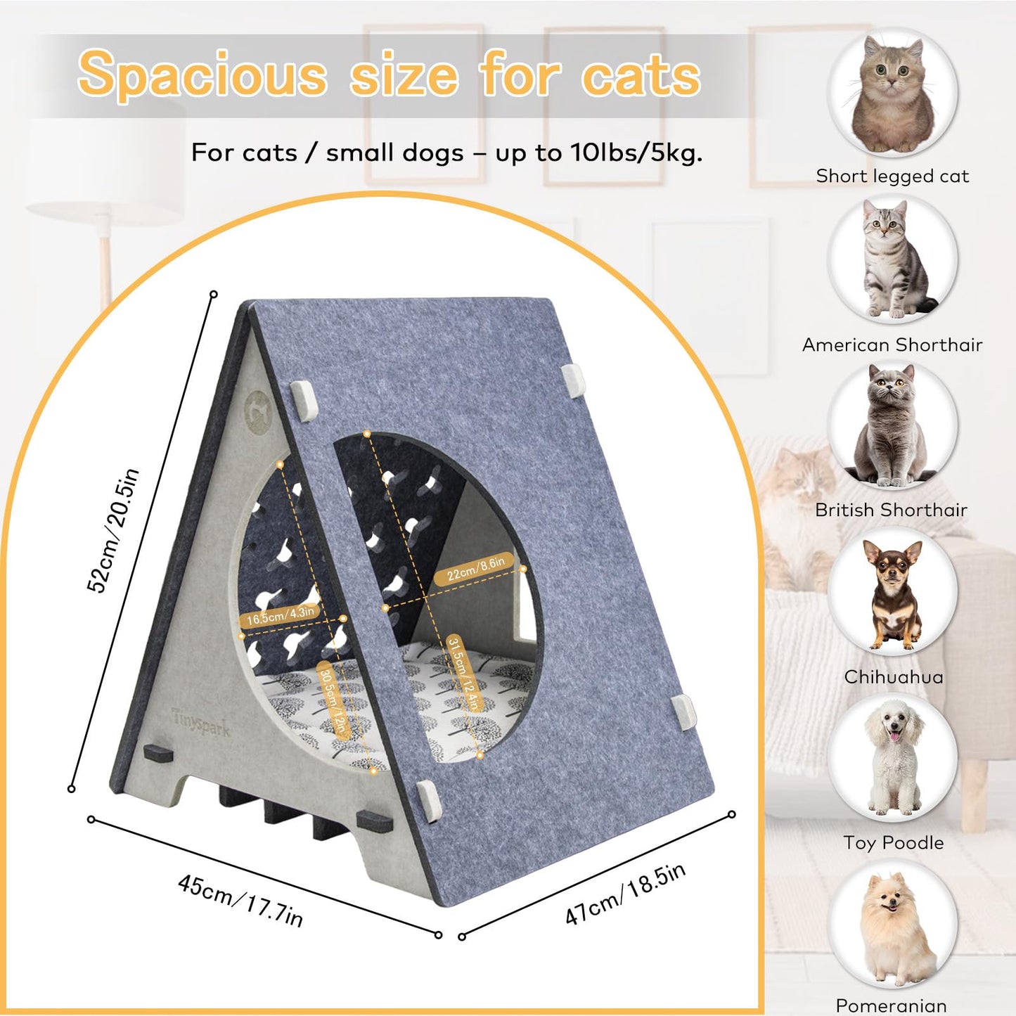 TINY SPARK Enclosed Cat Bed Hideaway with Removable Pad, Gray & Beige NEW
