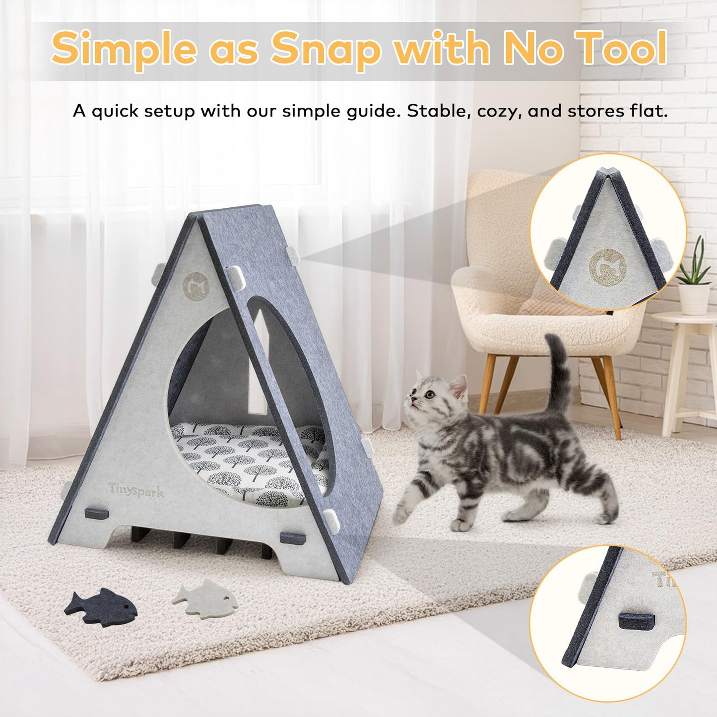 TINY SPARK Enclosed Cat Bed Hideaway with Removable Pad, Gray & Beige NEW