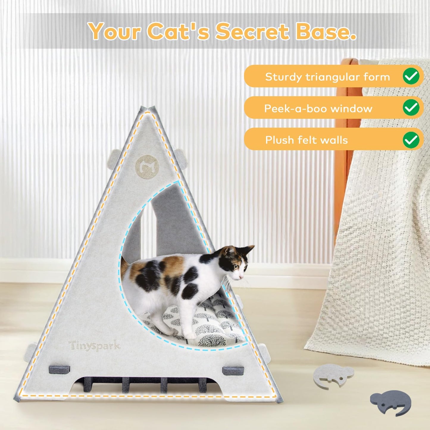 TINY SPARK Enclosed Cat Bed Hideaway with Removable Pad, Gray & Beige NEW