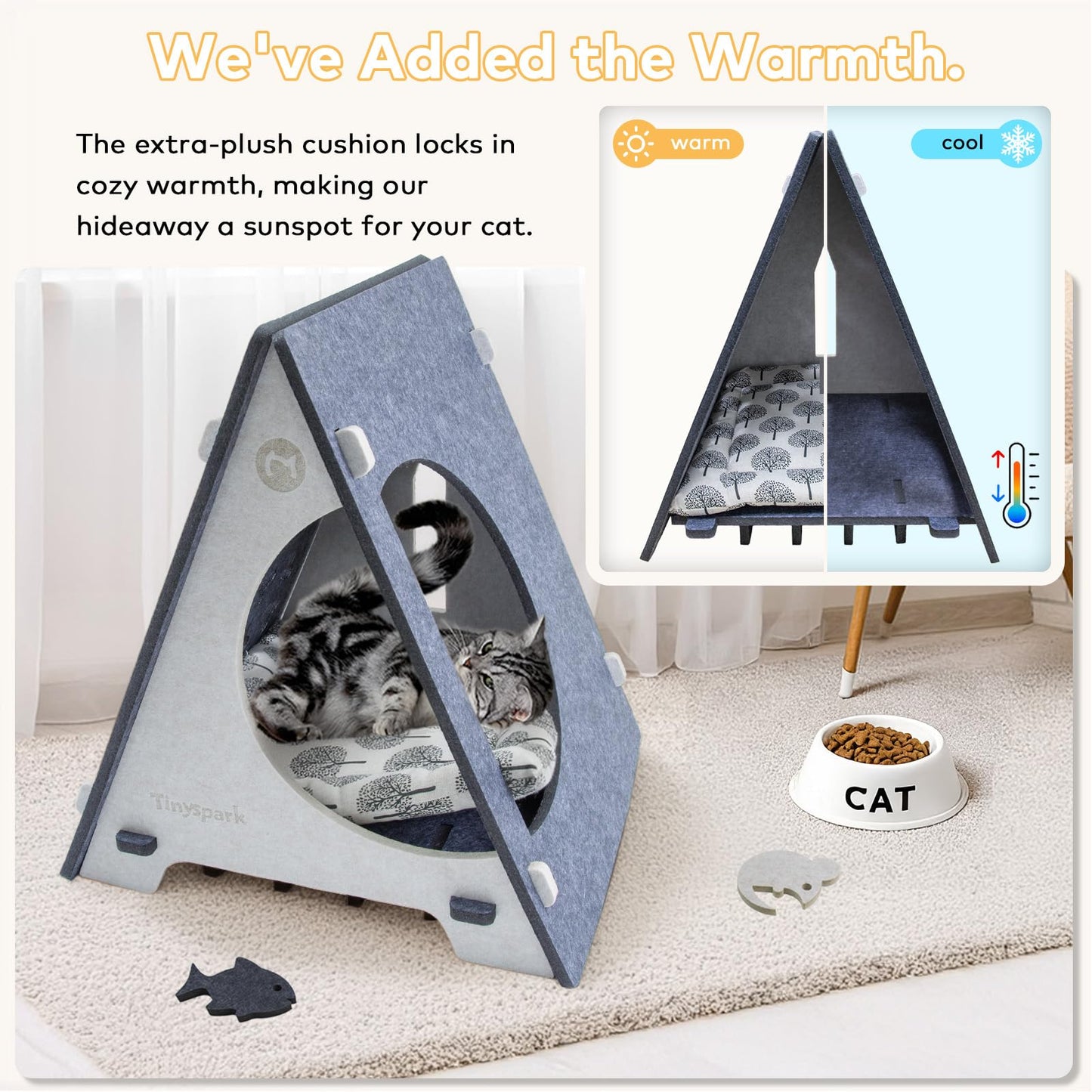 TINY SPARK Enclosed Cat Bed Hideaway with Removable Pad, Gray & Beige NEW