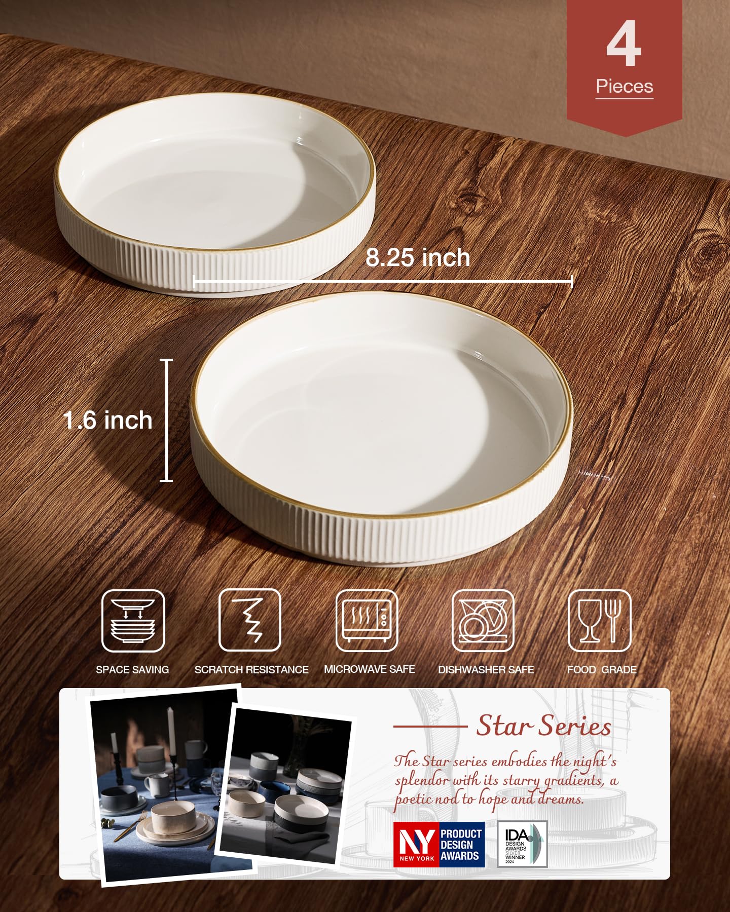 famiware Star-White 8.25" Pasta Bowls Set of 4 Stoneware Dining Plates Size NEW