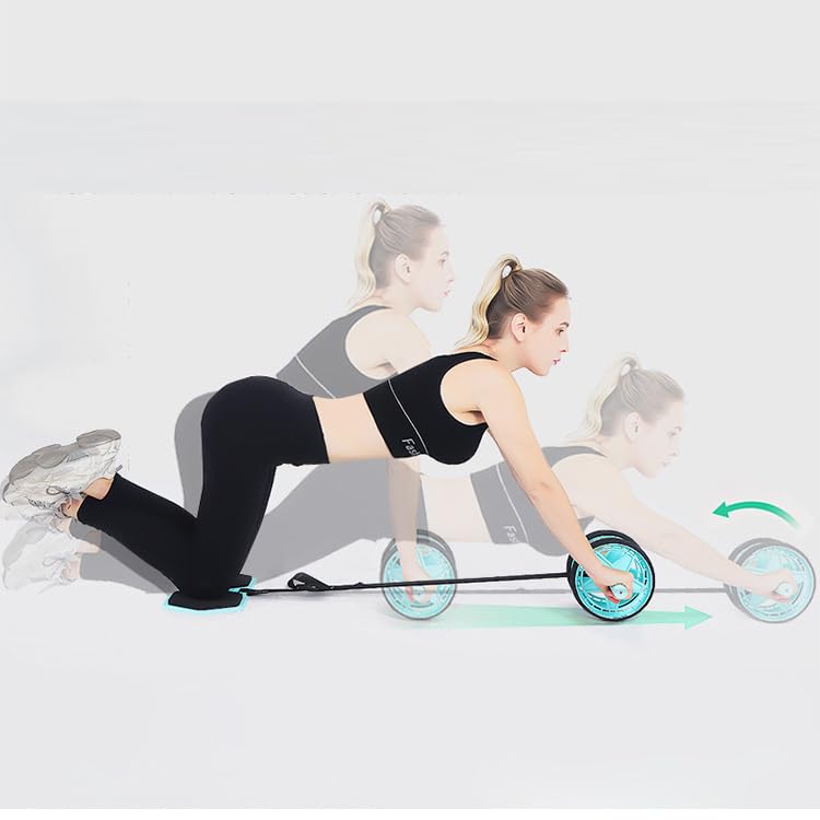 Dual Wheel Exercise Roller with Resistance Band in Black and Turquoise NEW