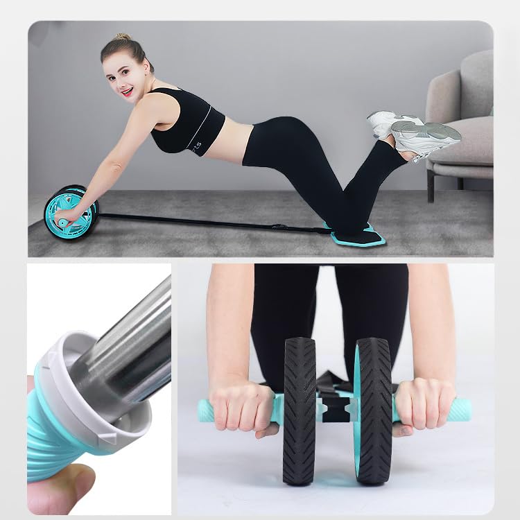 Dual Wheel Exercise Roller with Resistance Band in Black and Turquoise NEW