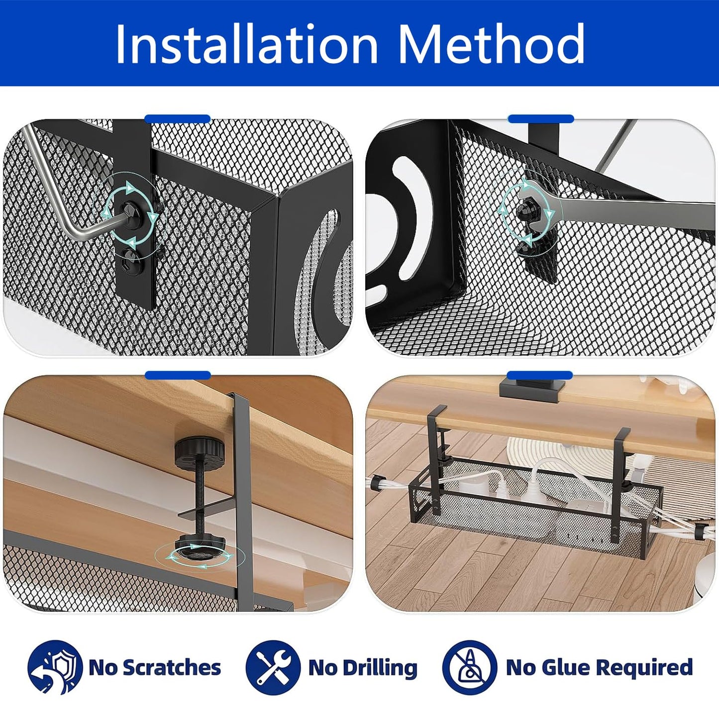 LOTOVEUE Under Electrical Desk Cable Management Tray Metal Mesh Cord NEW