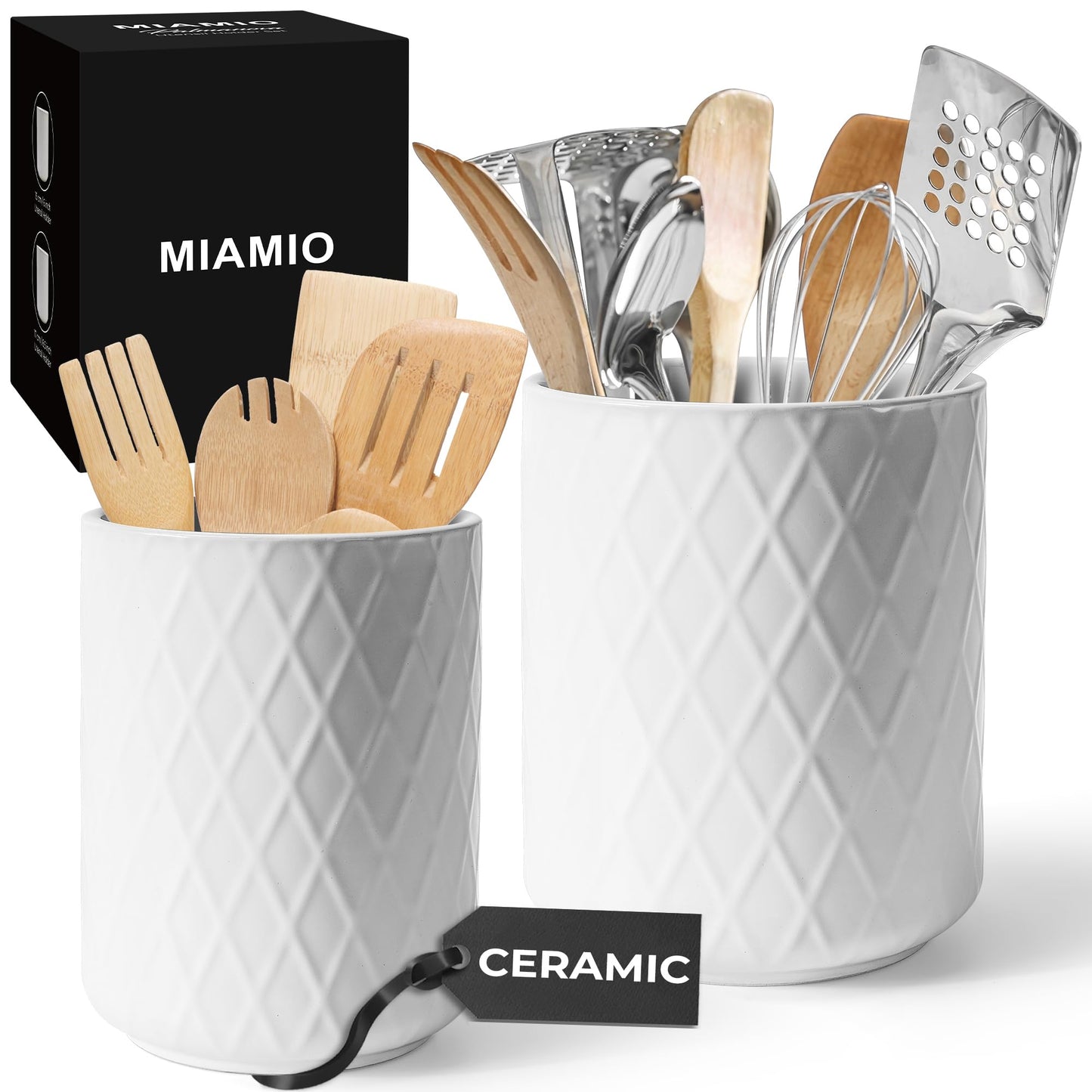 MIAMIO White Ceramic Kitchen Utensil Holder Organizer for Cooking Tools NEW