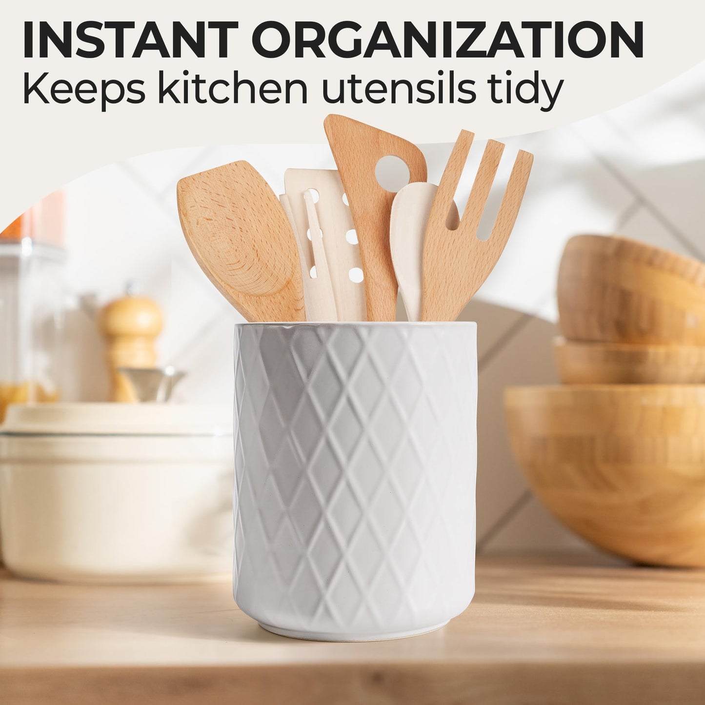 MIAMIO White Ceramic Kitchen Utensil Holder Organizer for Cooking Tools NEW