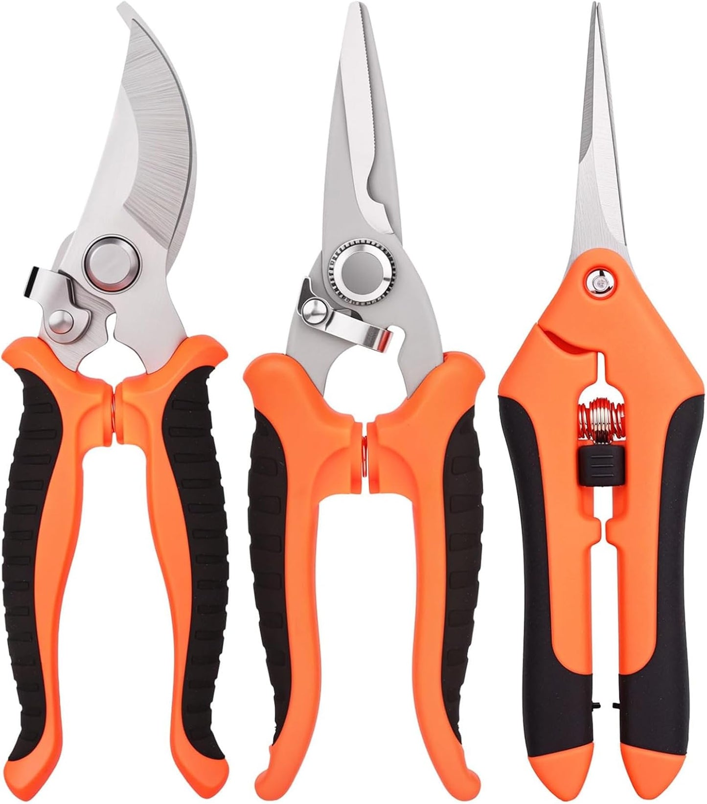 JANTONOR 3-Piece Stainless Steel Pruning Shears Set Orange Garden Scissors NEW