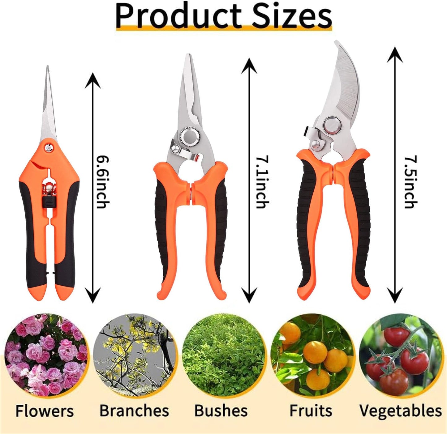 JANTONOR 3-Piece Stainless Steel Pruning Shears Set Orange Garden Scissors NEW