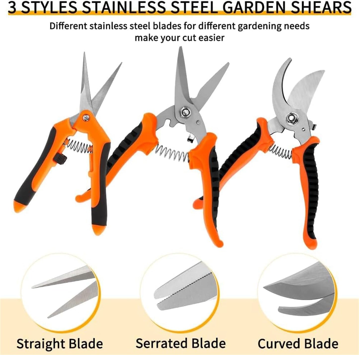 JANTONOR 3-Piece Stainless Steel Pruning Shears Set Orange Garden Scissors NEW