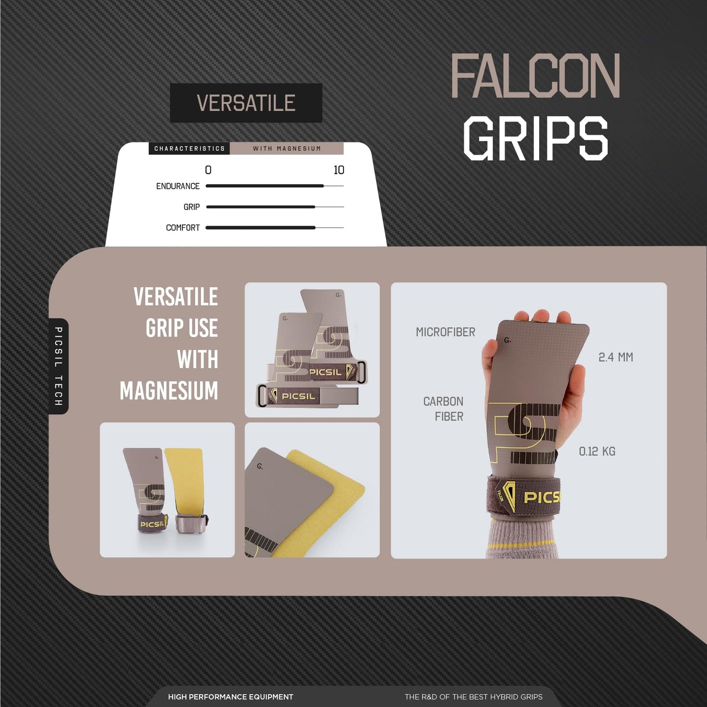 PICSIL Carbon Fibre Gymnastics Grips Pack with Chalk in Taupe Colour NEW