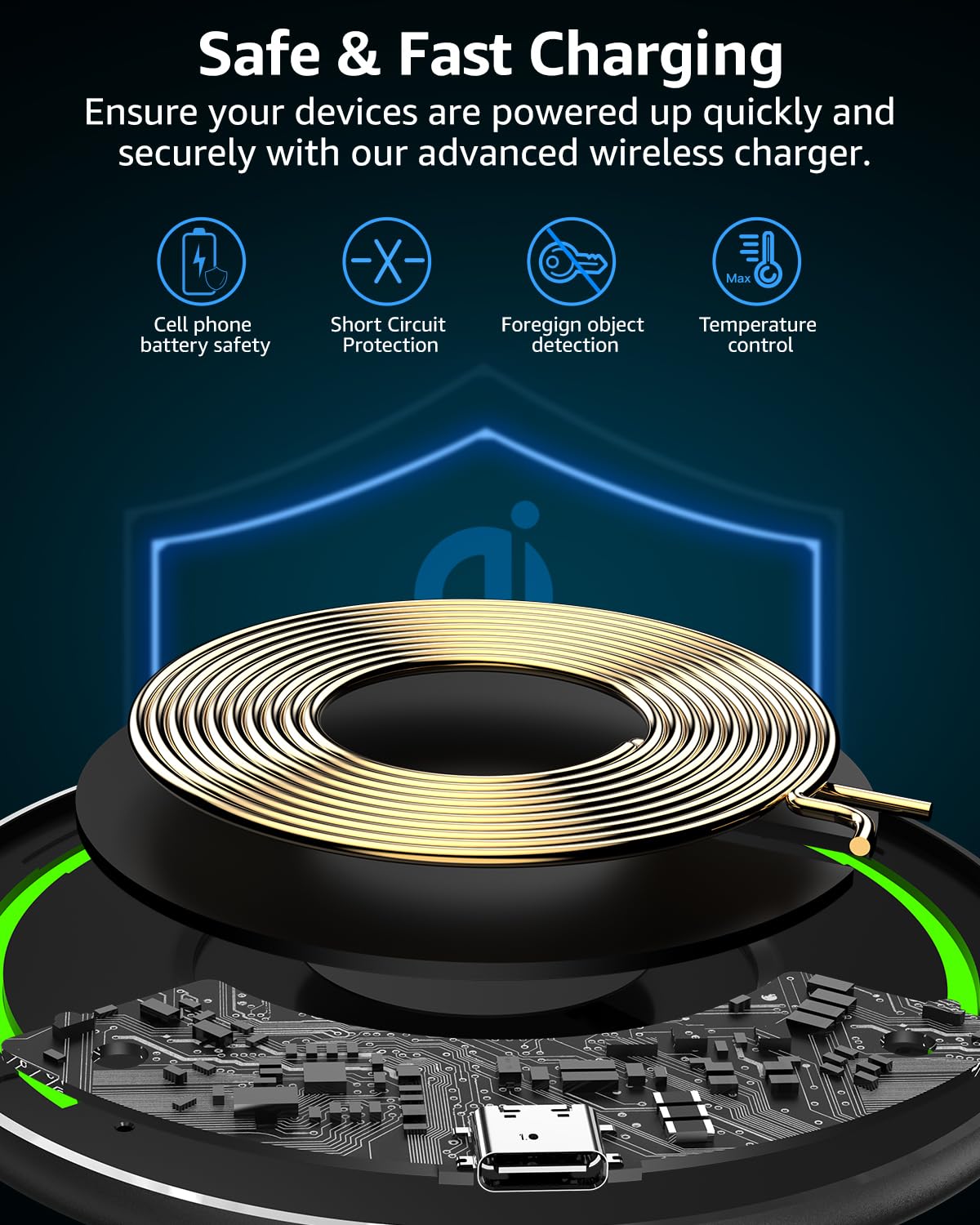 TOZO 15W Wireless Charging Pad - Glossy Black Induction Fast Charger NEW