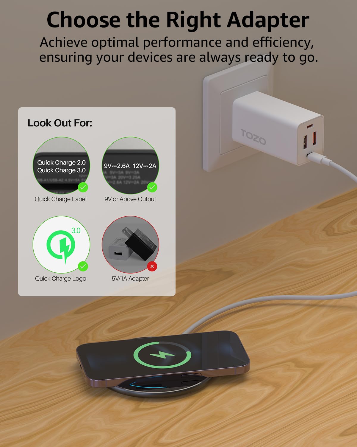 TOZO 15W Wireless Charging Pad - Glossy Black Induction Fast Charger NEW