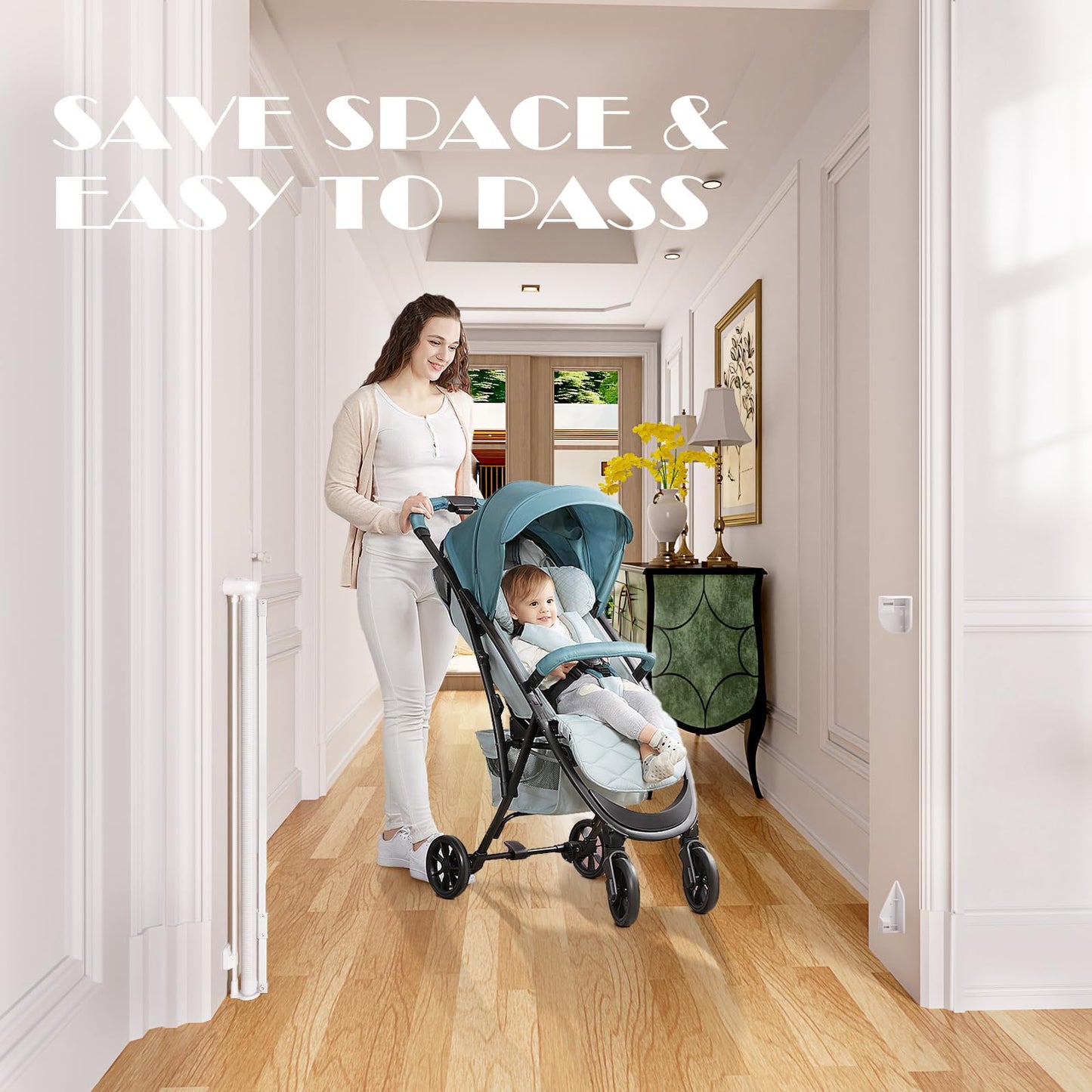 Omebel Retractable Baby Gate Tall Wide Adjustable Door Stair Safety White NEW