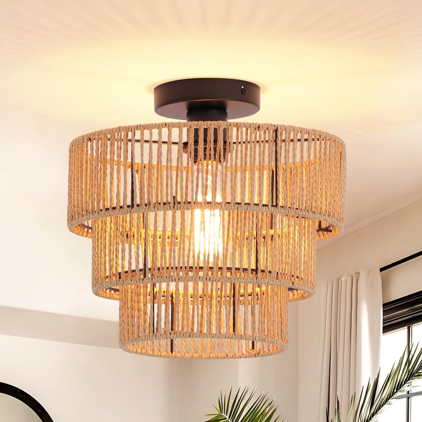 Oninio 30CM Ceiling Lighting Boho Rattan Pendant Light 3-Tier Hand-Woven NEW