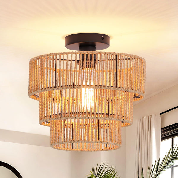 Oninio 30CM Ceiling Lighting Boho Rattan Pendant Light 3-Tier Hand-Woven NEW