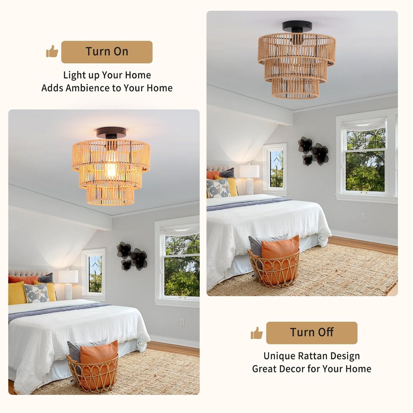 Oninio 30CM Ceiling Lighting Boho Rattan Pendant Light 3-Tier Hand-Woven NEW