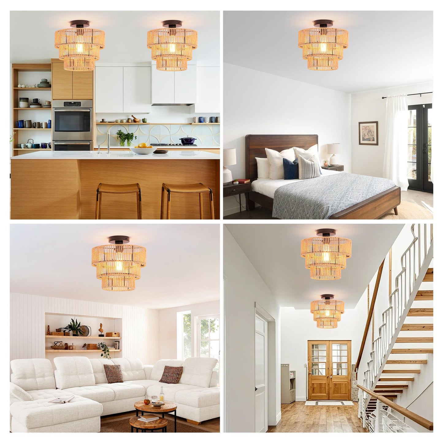 Oninio 30CM Ceiling Lighting Boho Rattan Pendant Light 3-Tier Hand-Woven NEW
