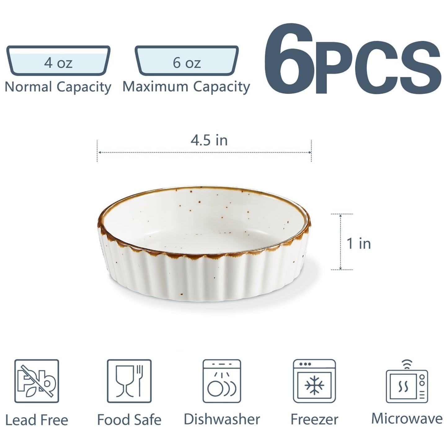 ONEMORE Oven Safe Shallow Ramekins for Creme Brulee, Set of 6 in White NEW