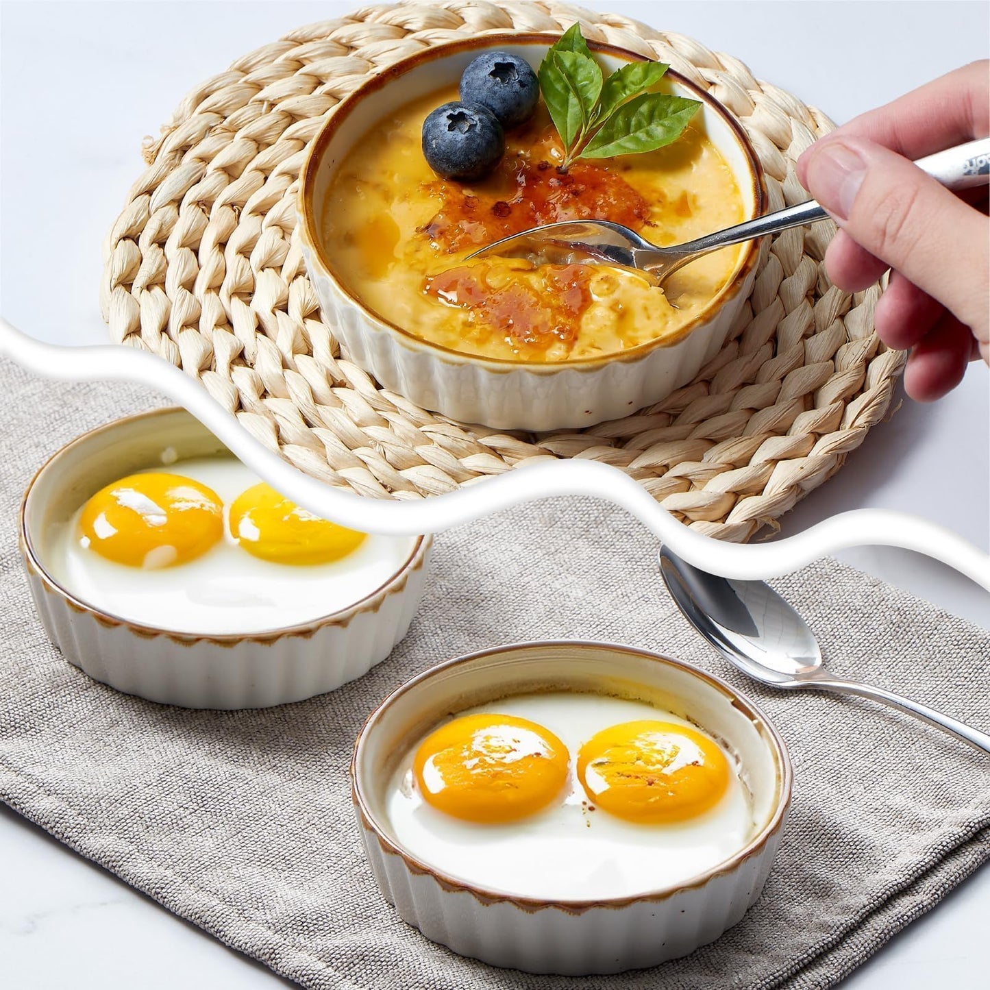 ONEMORE Oven Safe Shallow Ramekins for Creme Brulee, Set of 6 in White NEW