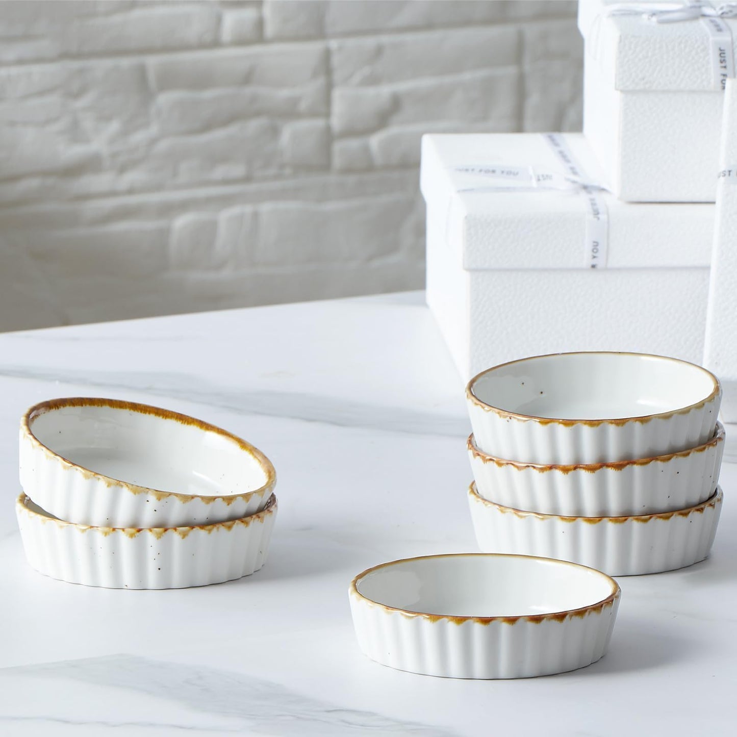 ONEMORE Oven Safe Shallow Ramekins for Creme Brulee, Set of 6 in White NEW