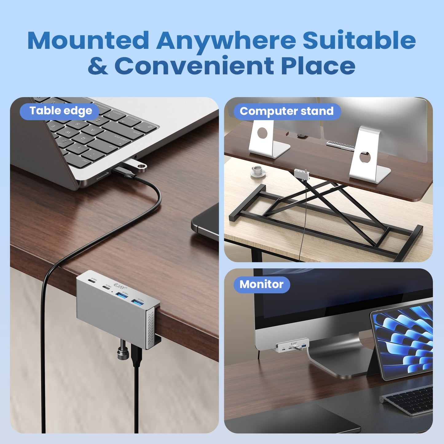 EJAY 4-Port USB Hubs USB-C Hub with 10Gbps USB 3.2, Clamp Mount, Silver DEMO