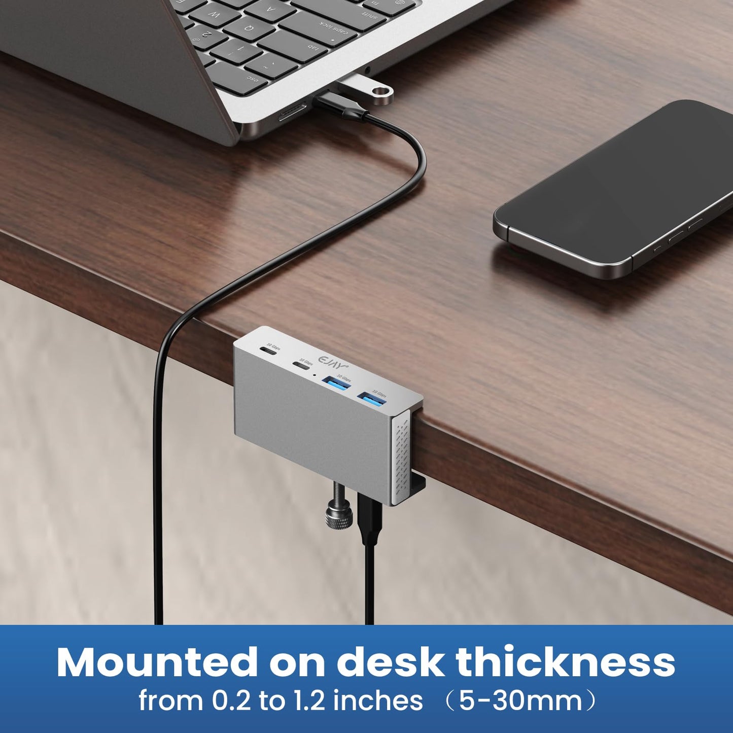 EJAY 4-Port USB Hubs USB-C Hub with 10Gbps USB 3.2, Clamp Mount, Silver DEMO