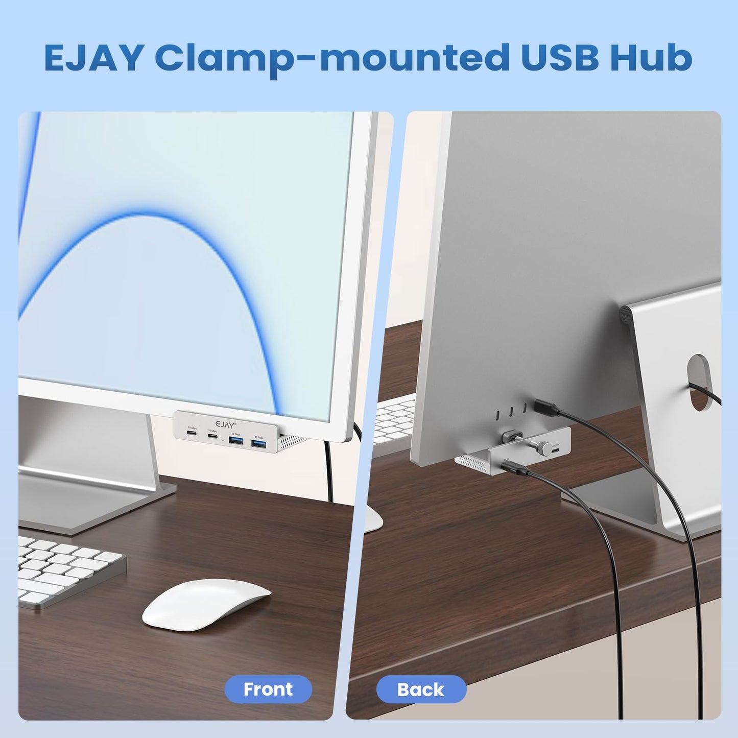 EJAY 4-Port USB Hubs USB-C Hub with 10Gbps USB 3.2, Clamp Mount, Silver DEMO