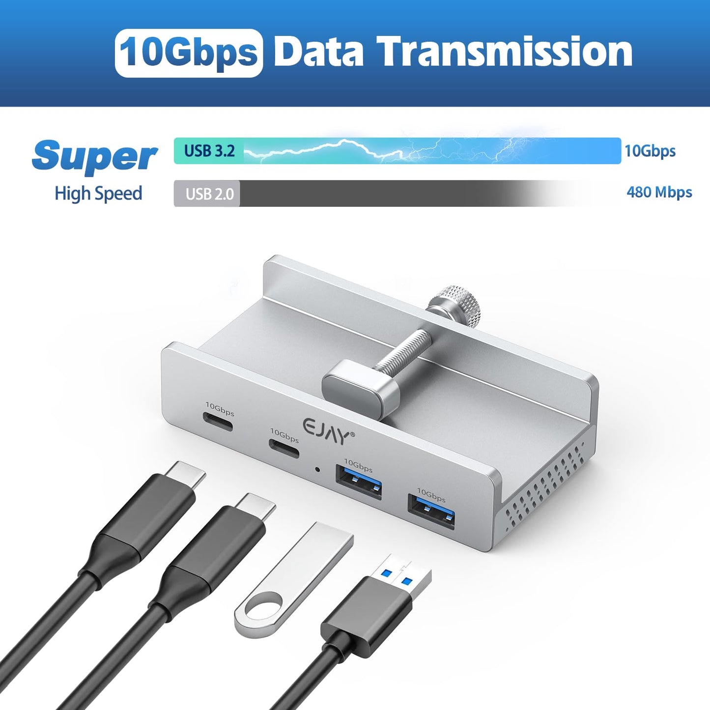 EJAY 4-Port USB Hubs USB-C Hub with 10Gbps USB 3.2, Clamp Mount, Silver DEMO