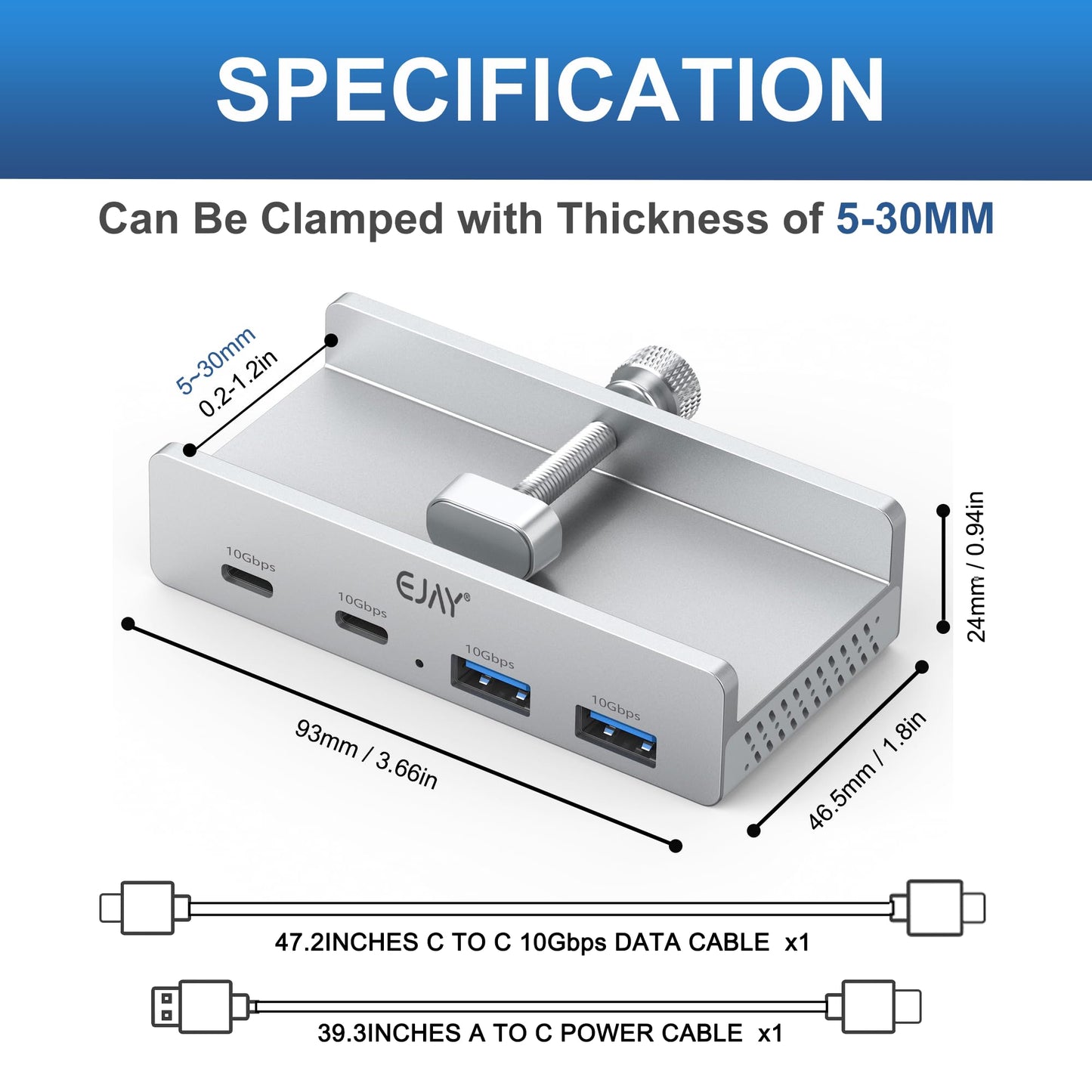 EJAY 4-Port USB Hubs USB-C Hub with 10Gbps USB 3.2, Clamp Mount, Silver DEMO