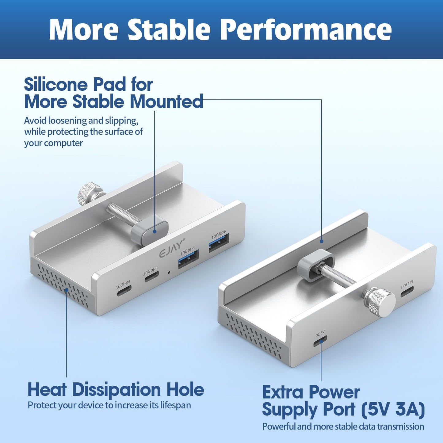 EJAY 4-Port USB Hubs USB-C Hub with 10Gbps USB 3.2, Clamp Mount, Silver DEMO