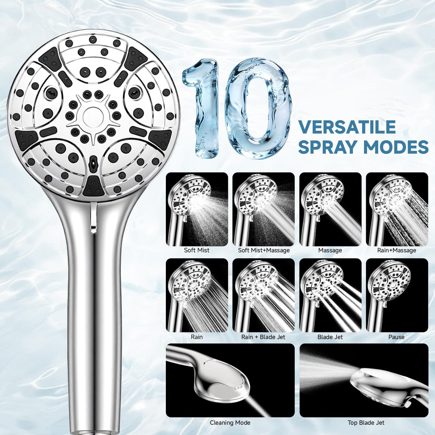 AOBOSI 10-Mode Handheld Shower Head High Pressure Stainless Steel Silver NEW