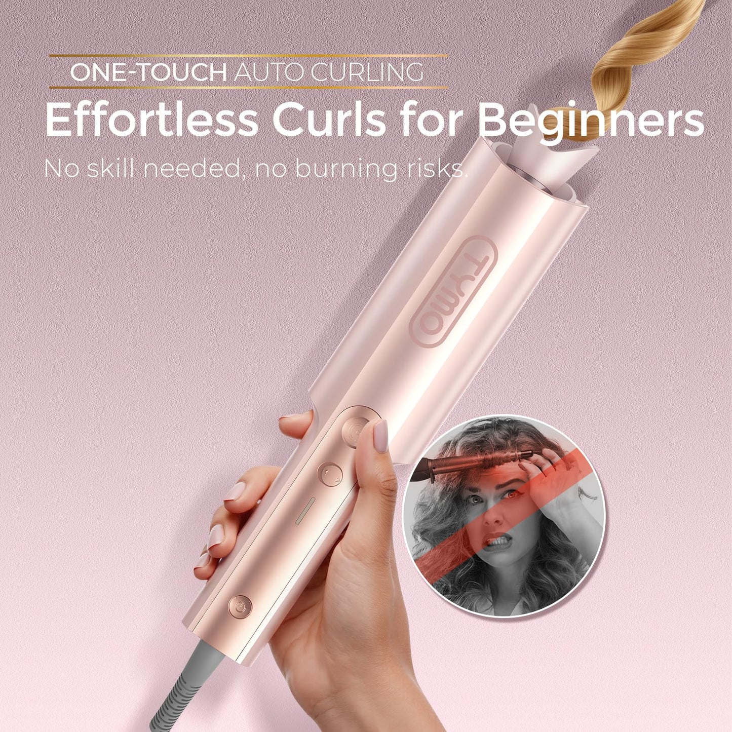 TYMO CurlPro Plus Automatic Rotating Curling Tong Hair Curler Blush 25mm NEW
