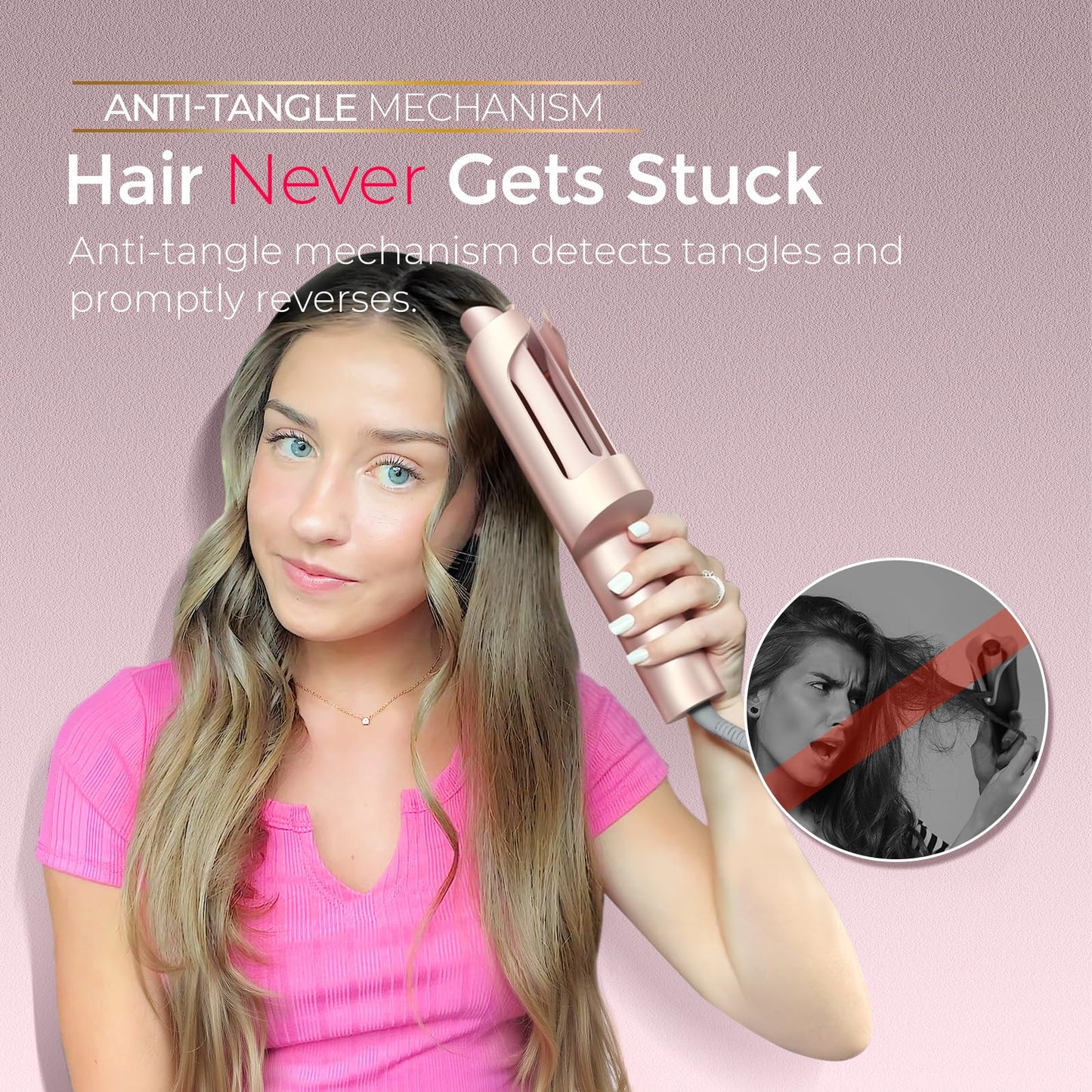 TYMO CurlPro Plus Automatic Rotating Curling Tong Hair Curler Blush 25mm NEW