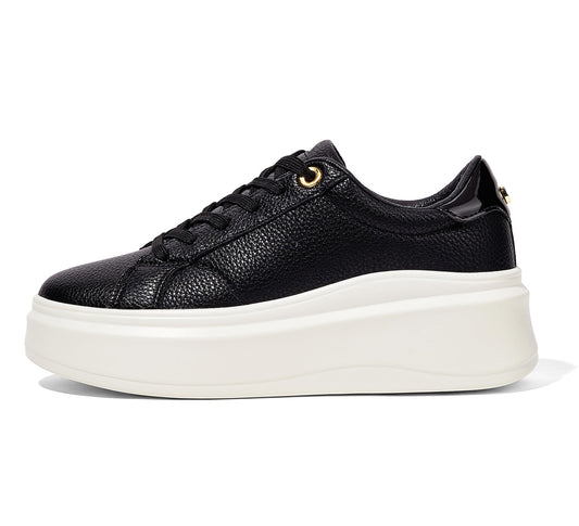 LUCKY STEP Black Faux Leather Fashion Sneakers Chunky Sole Trainers US 8.5 NEW