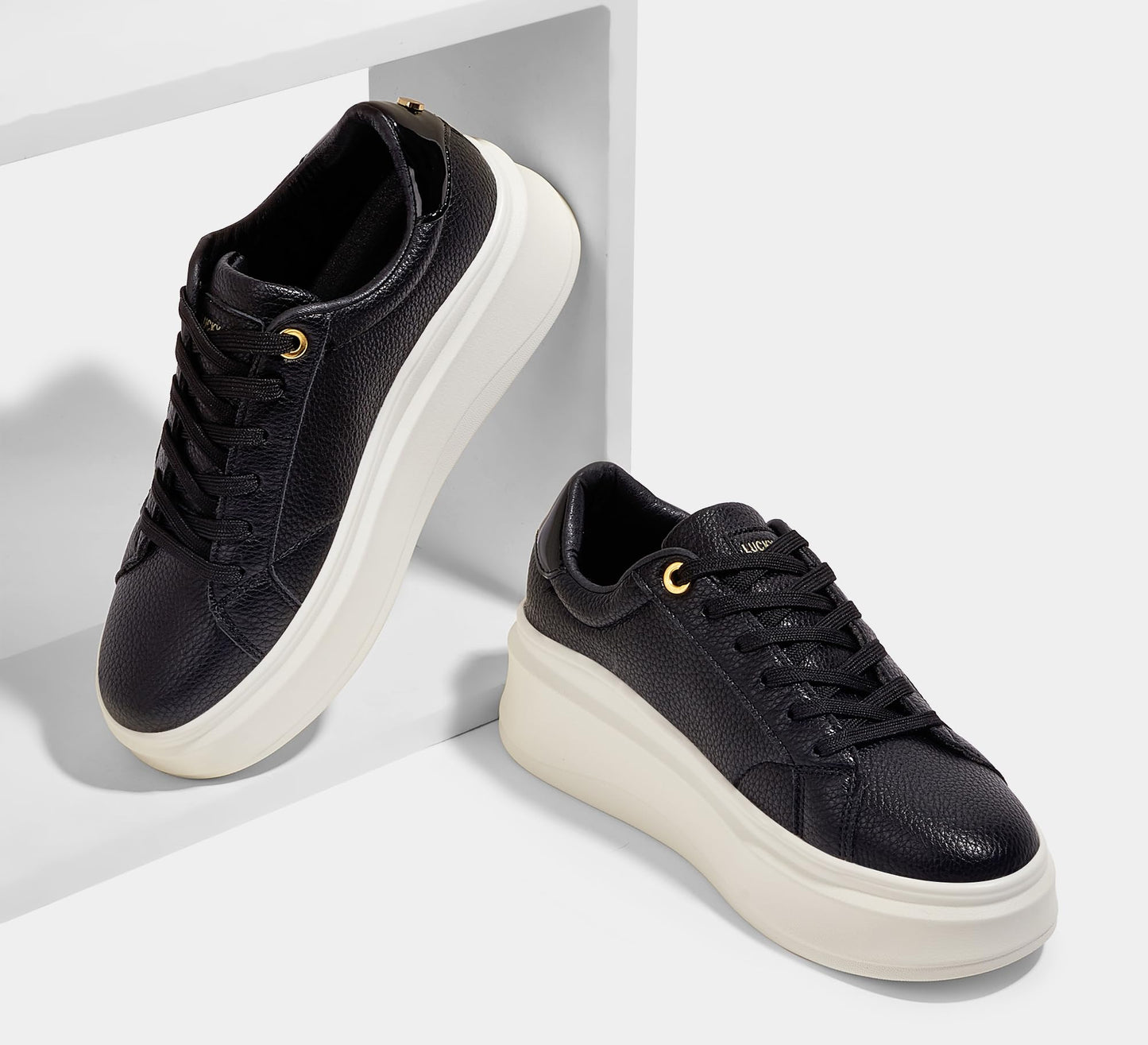 LUCKY STEP Black Faux Leather Fashion Sneakers Chunky Sole Trainers US 8.5 NEW