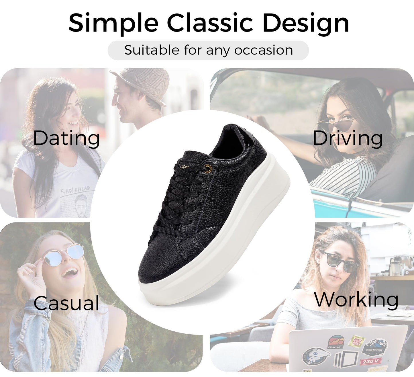LUCKY STEP Black Faux Leather Fashion Sneakers Chunky Sole Trainers US 8.5 NEW