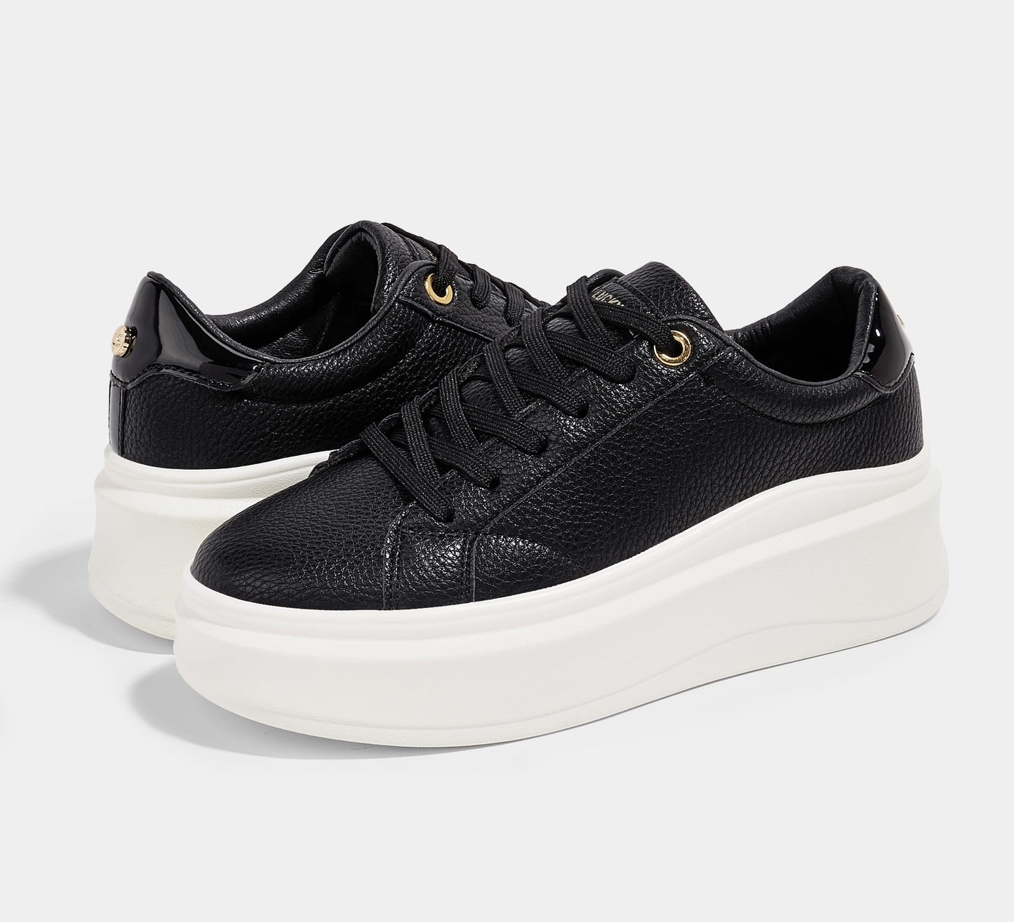 LUCKY STEP Black Faux Leather Fashion Sneakers Chunky Sole Trainers US 8.5 NEW