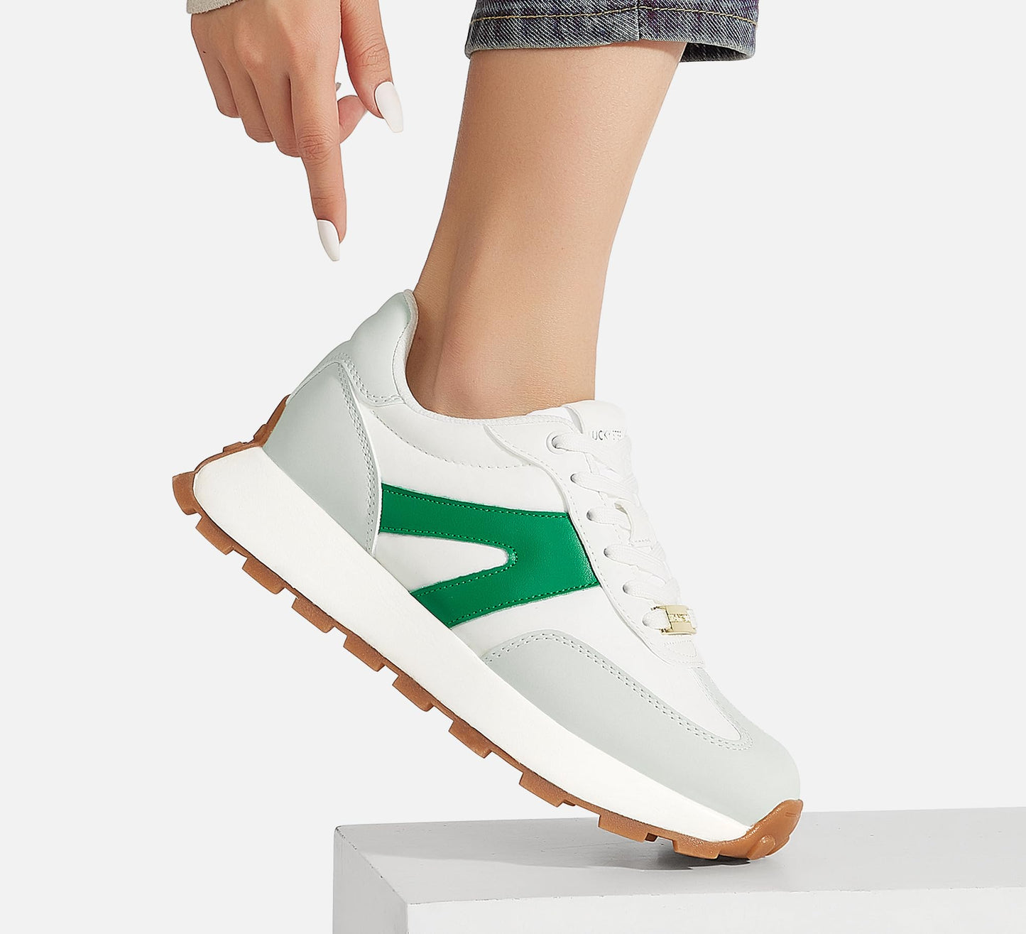 LUCKY STEP Retro Classic Trainers White Green Platform Sneakers Womens US 7 NEW