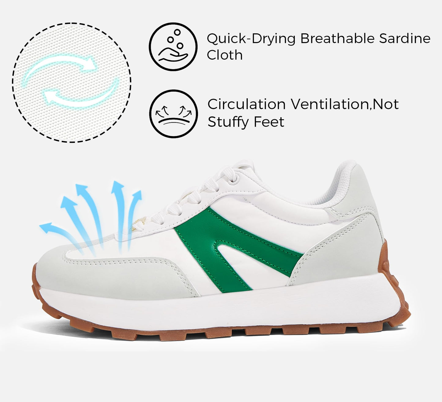 LUCKY STEP Retro Classic Trainers White Green Platform Sneakers Womens US 10 NEW