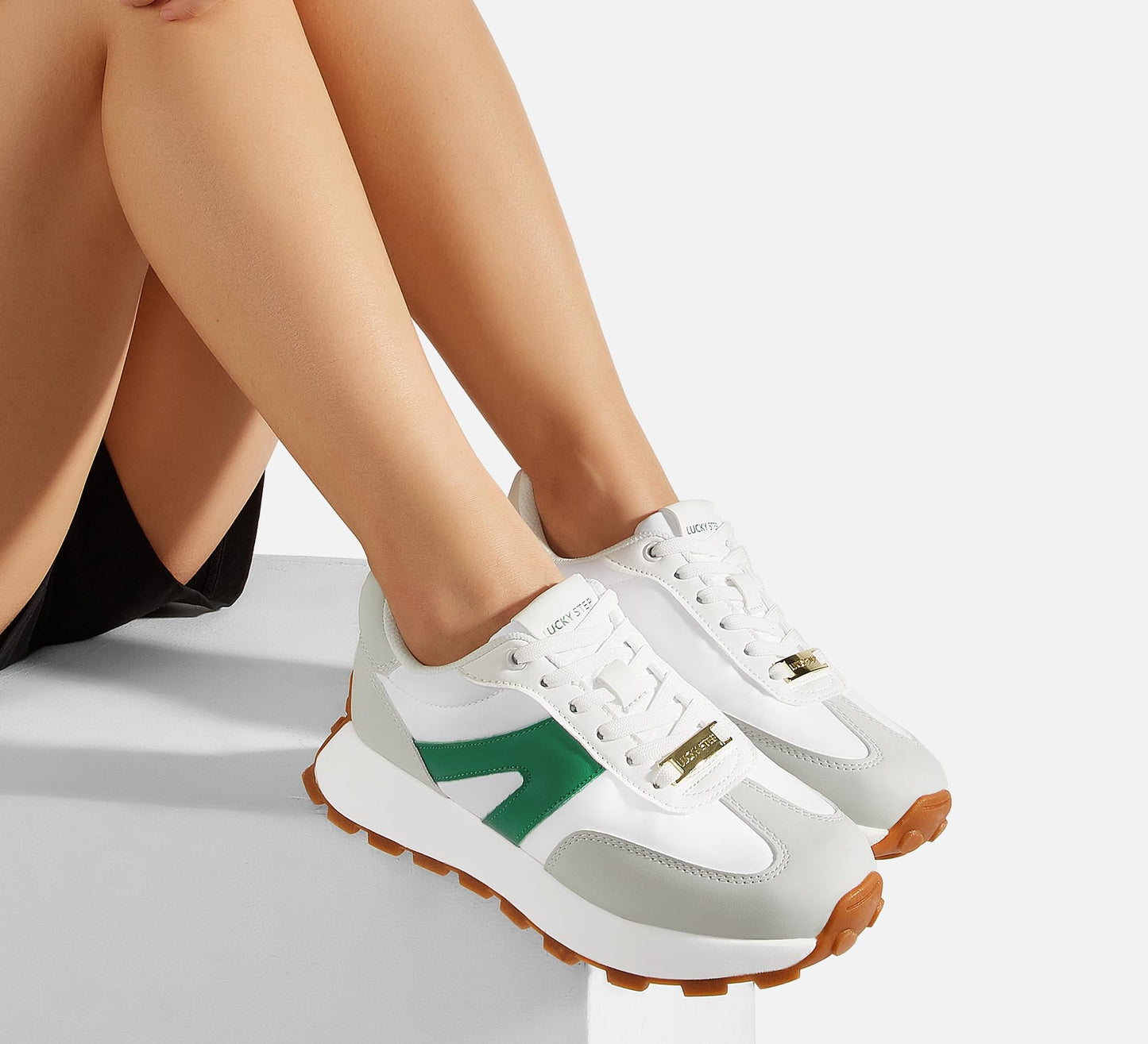 LUCKY STEP Retro Classic Trainers White Green Platform Sneakers Womens US 10 NEW