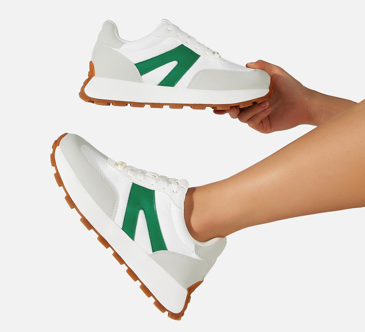 LUCKY STEP Retro Classic Trainers White Green Platform Sneakers Womens US 10 NEW