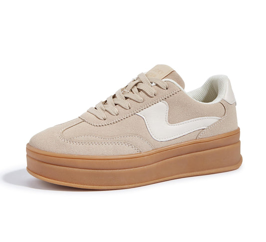 LUCKY STEP Beige Faux Suede Trainers Comfortable Fashion Sneakers Women US11 NEW