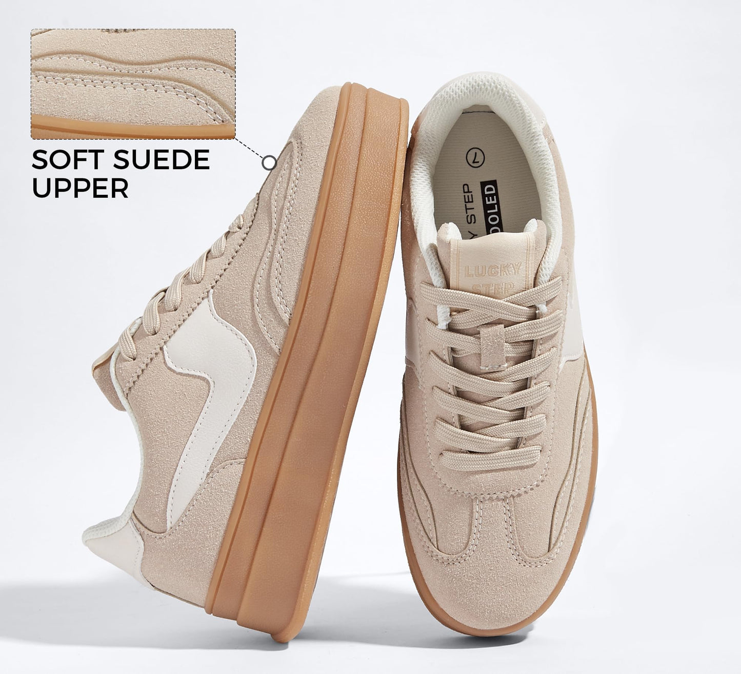 LUCKY STEP Beige Faux Suede Trainers Comfortable Fashion Sneakers Women US11 NEW