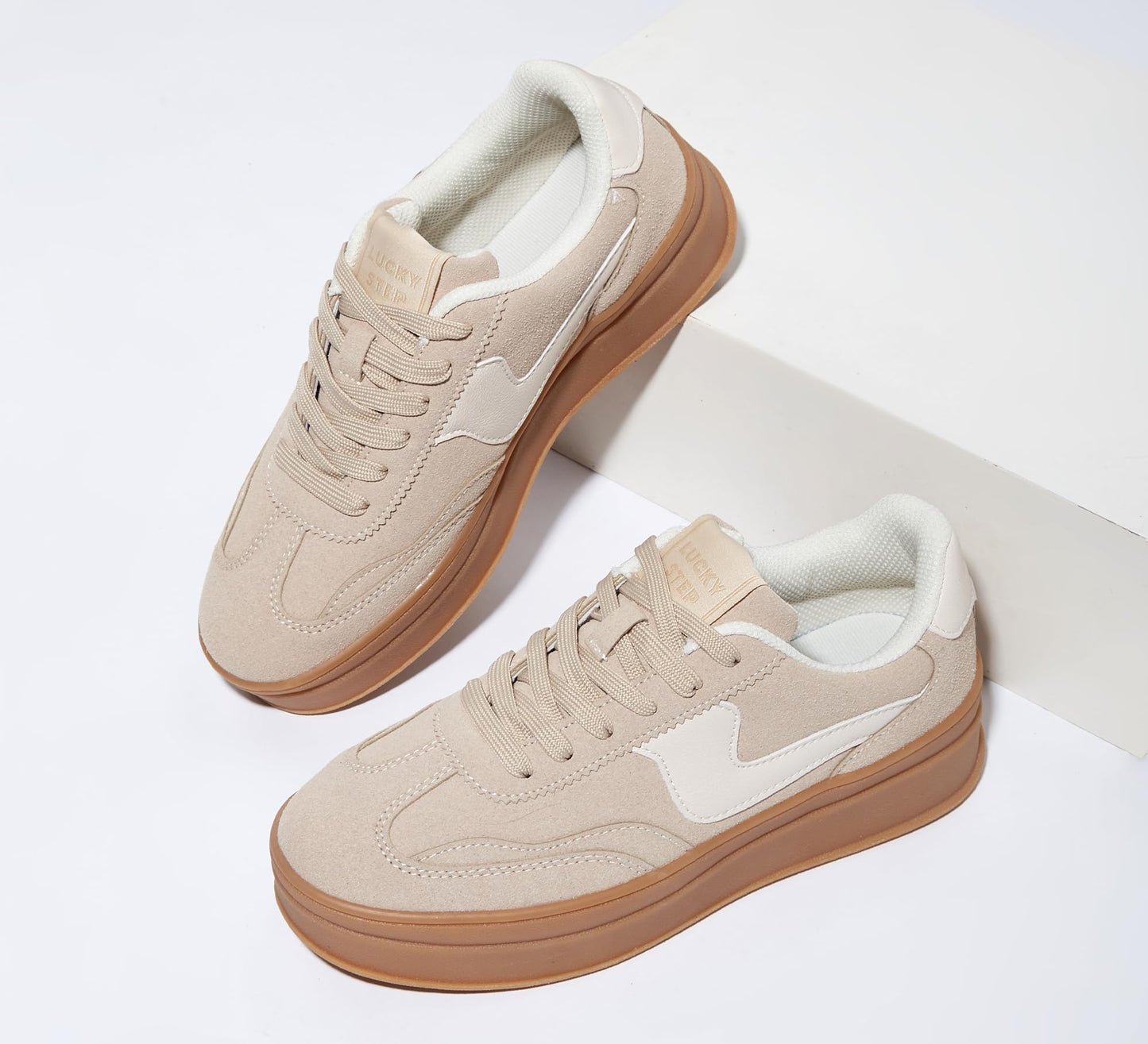 LUCKY STEP Beige Faux Suede Trainers Comfortable Fashion Sneakers Women US11 NEW