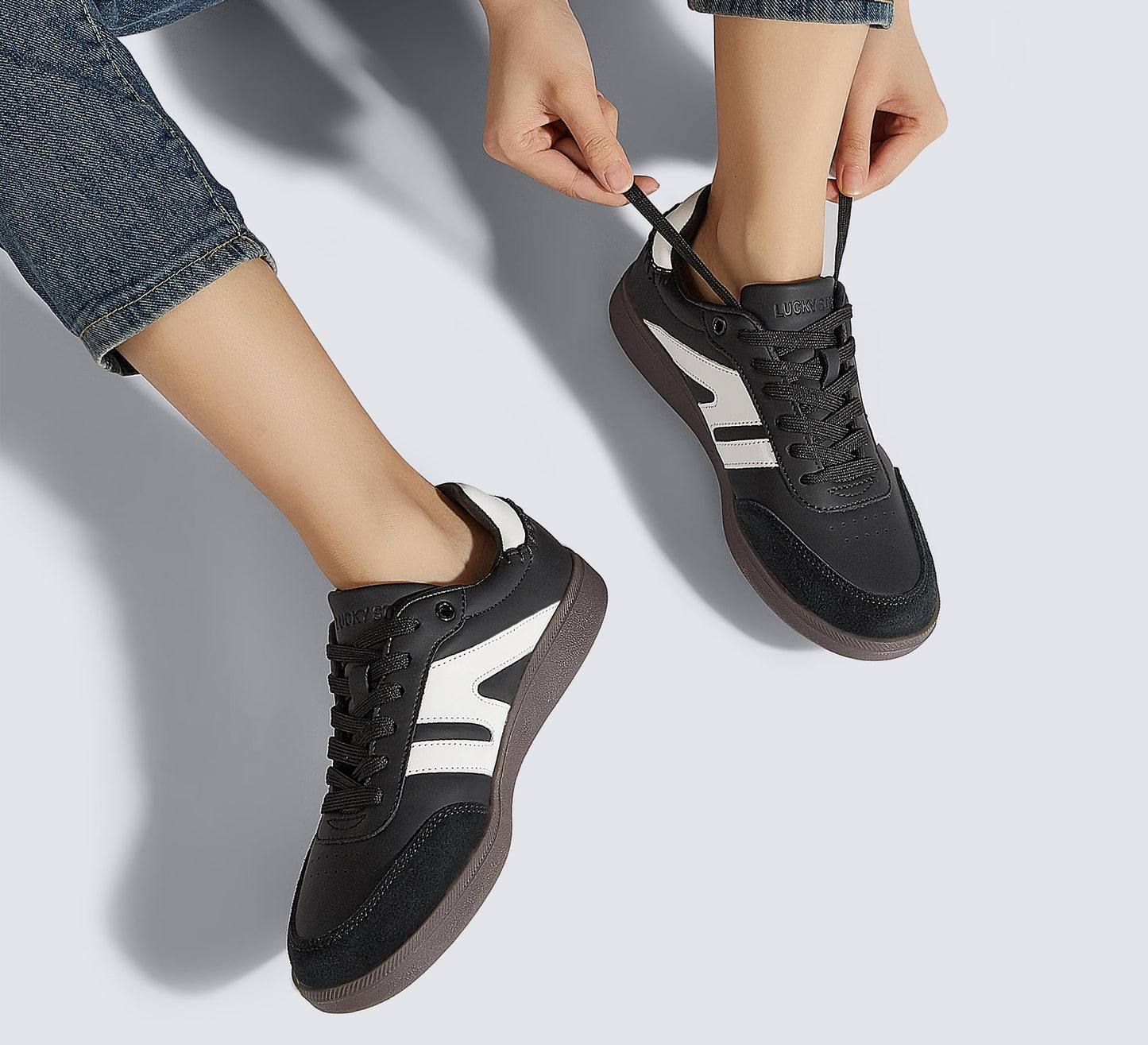 LUCKY STEP Retro Gum Sole Trainers Tennis Skate Shoes Black Womens US 8.5 NEW