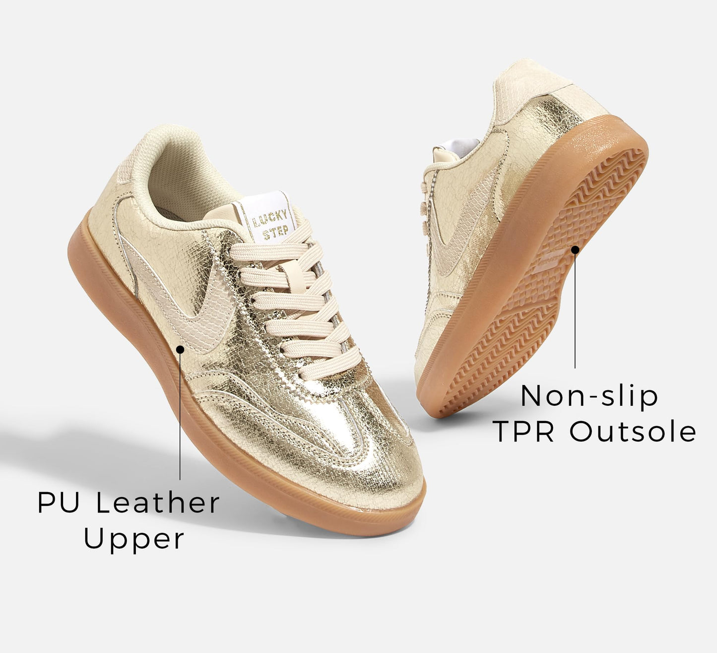 LUCKY STEP Retro Fashion Trainers Casual Walking Shoes Non-Slip Gold US 6.5 NEW