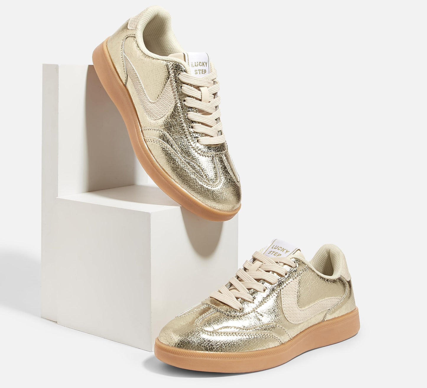 LUCKY STEP Retro Fashion Trainers Casual Walking Shoes Non-Slip Gold US 6.5 NEW